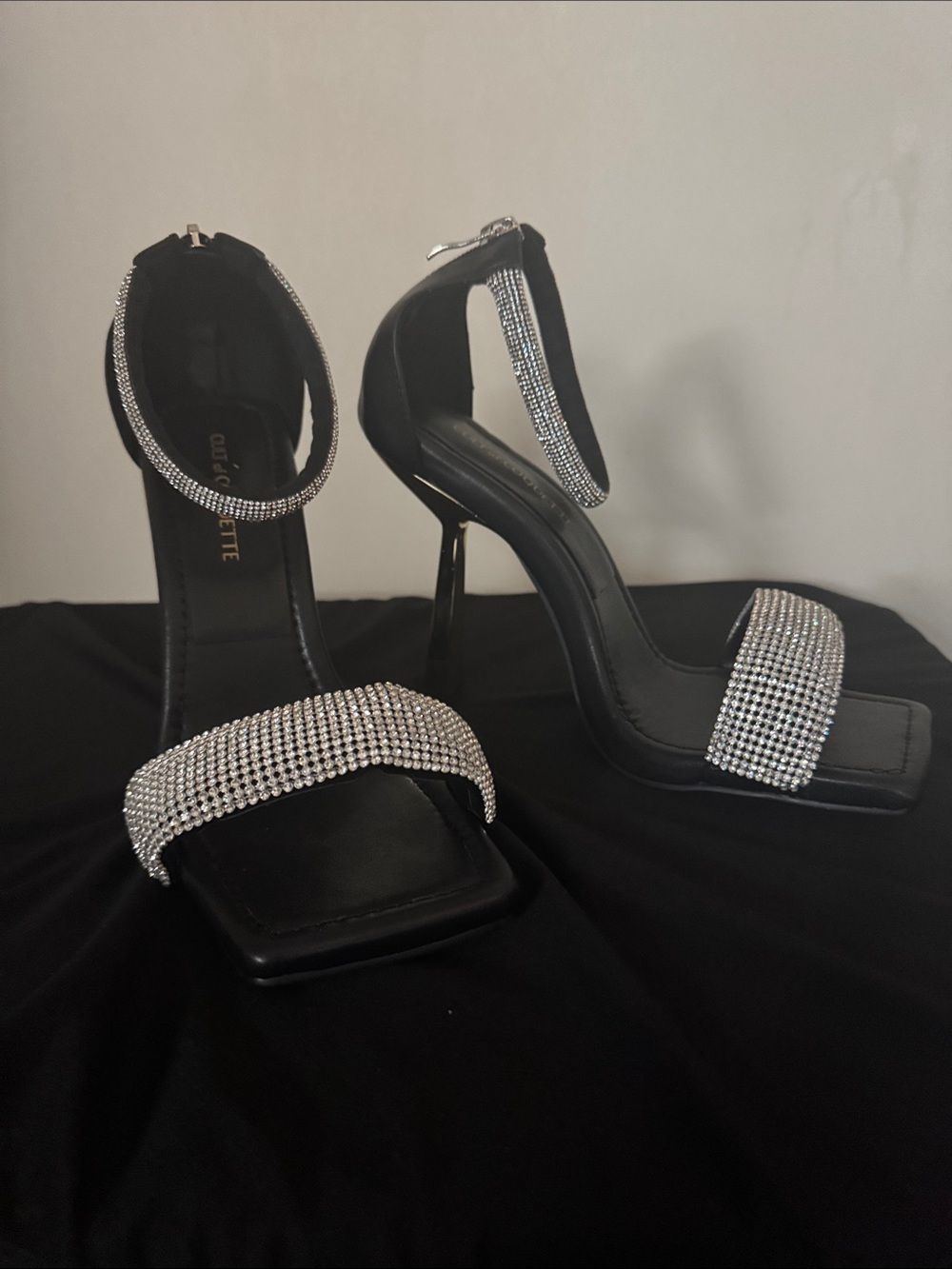 Black Crystal-Strap High Heel Sandals with Ankle Cuff